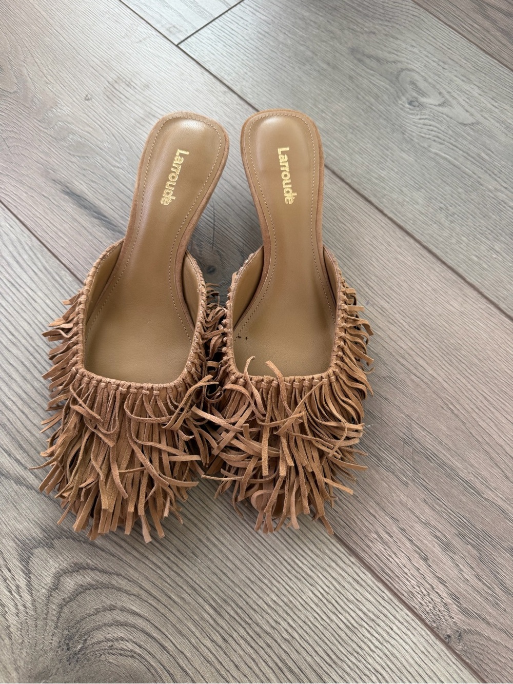 Larroude Tan Fringe Mule Slides